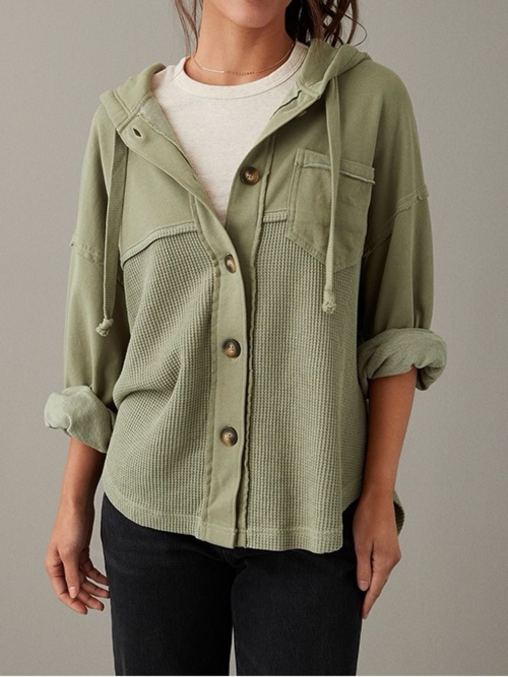 🫒American Eagle Waffle Knit Shacket Button Down Hoodie Oversized Green XS - Picture 3 of 12